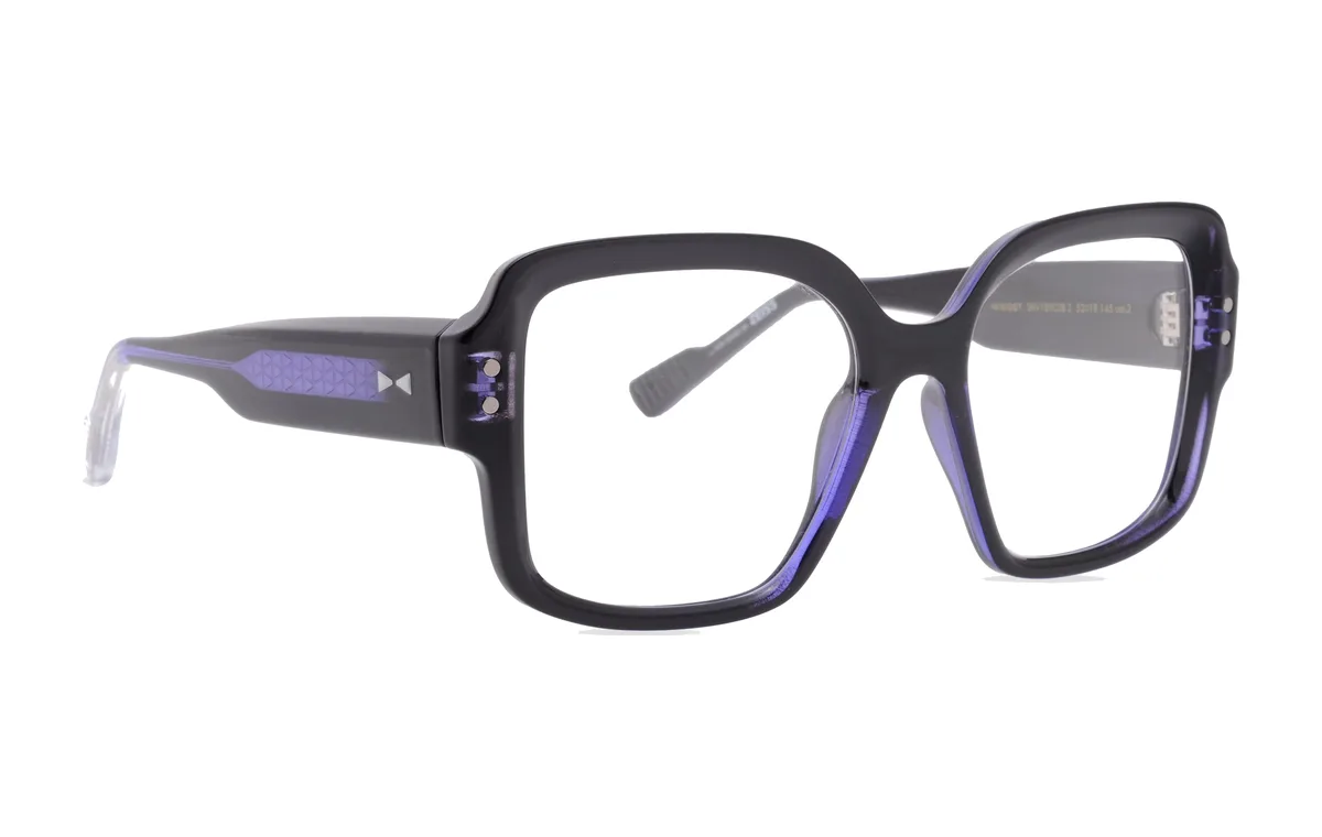 Armação Snob Milano Twiggy, quadrada e grande em acetato preto com interior violeta